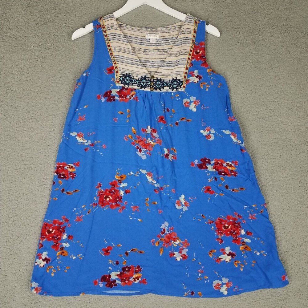 Xhilaration Tunic Dress Women's Large Blue Mini Floral V-Neck Flowy Boho Casual